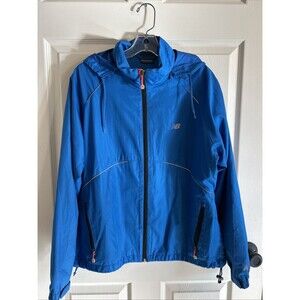 New Balance W running jacket Windbreaker Lined Blue full zip hood Reflective L